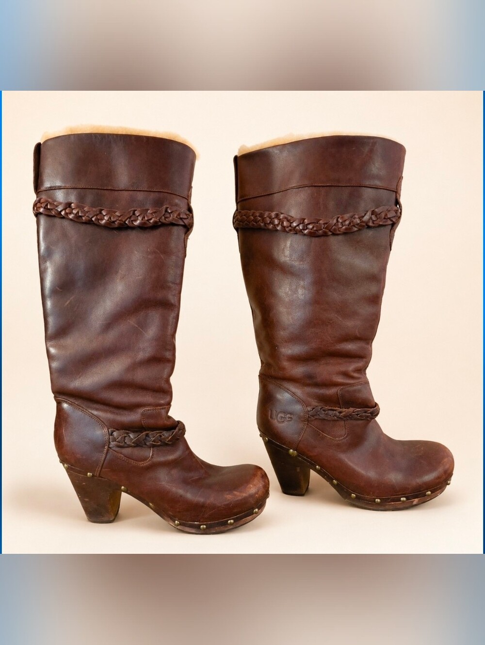 UGG Style 3209 Brown Leather Shearling Tall Clog Boots Size 9